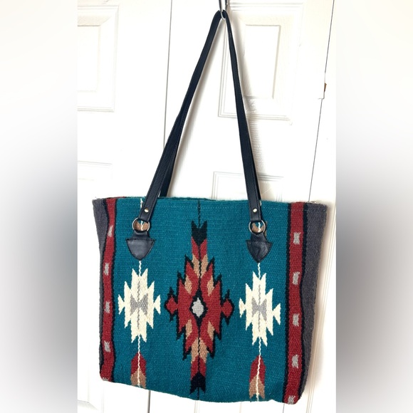 SOUTHWESTERN Saddle Blanket Bag Tote Purse Wool Aztec Tribal Turquoise Red Wool - Picture 6 of 12